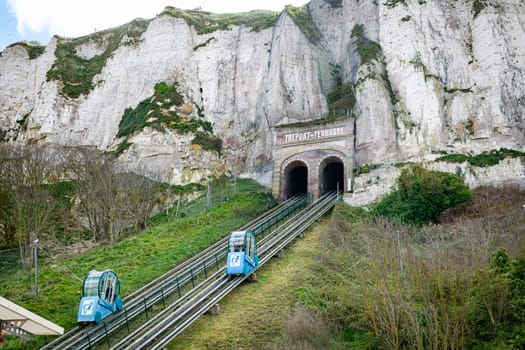 Le treport,france,22-04-2024: the famous blue railway wagons of the Funicular railway of Le Treport, Seine-Maritime Normandie, Normandy, France going up with sixtee three percent