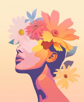 Woman with flowers in her hair standing in a vibrant yellow and orange background beauty and fashion concept illustration