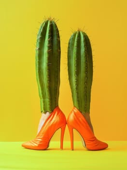 Fashionistas in orange heels surrounded by cactus plants on vibrant yellow backgroundymbols