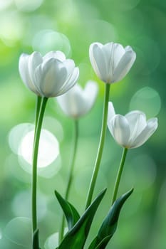 Nature's beauty three elegant white tulips in a serene green background with bokeh effect