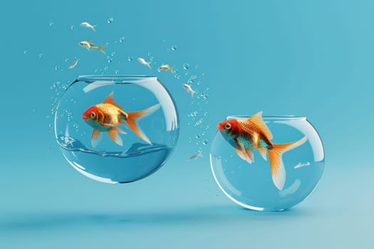 Goldfish jumping out of fish bowl in 3d rendering on blue background symbolizing freedom and exploration