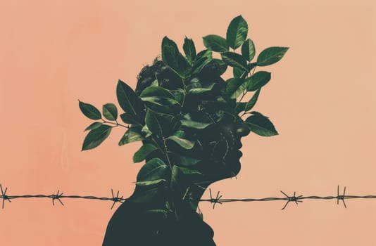 Man with plant in head against barbed wire fence in background surreal and thoughtprovoking conceptual image of nature vs restraint