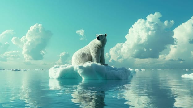 Polar bear sitting on top of iceberg in middle of ocean, nature travel adventure wildlife arctic scene
