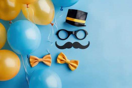 Celebration with yellow and blue balloons, bow ties, glasses, and top hat on blue background