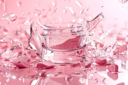 Pink powder jar on glass fragments beauty and fragility in artistic composition for medical or beauty concept