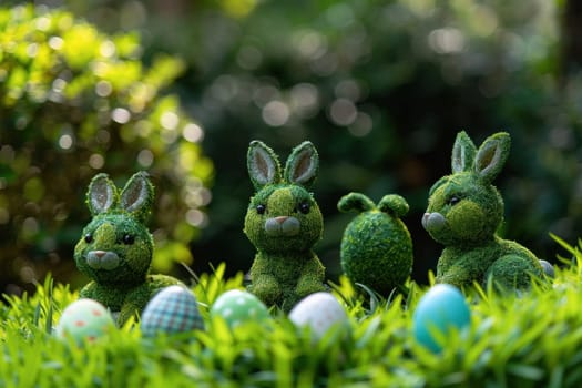 Bunnies and easter eggs in a grassy field with trees in the background springtime celebration in nature