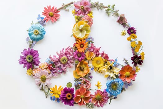 Floral peace sign on white background symbol of harmony and tranquility in nature