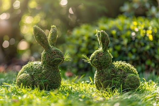 Moss rabbits sitting in a sunlit garden with green grass and blue sky on background