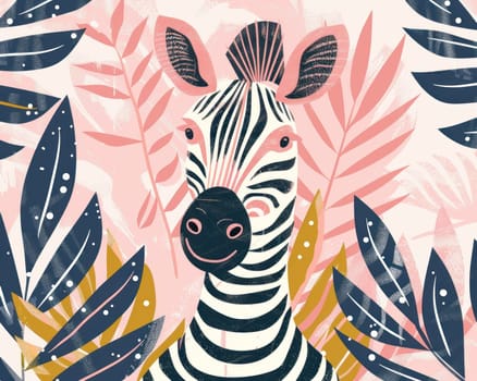 Zebra in tropical jungle with lush plants and leaves, wildlife safari adventure concept illustration