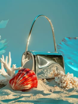 Elegant purse on sandy beach with seashells and sea shells travel and fashion accessories concept