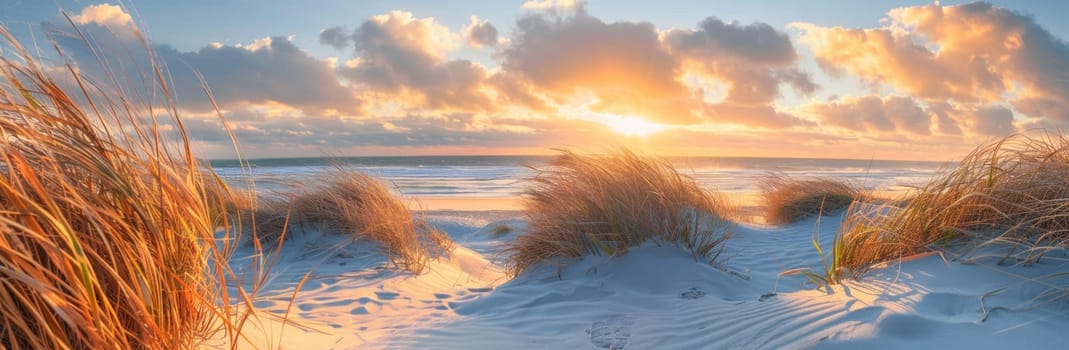 Tranquil sunset scene with sand dunes, grasses, and ocean in background for travel and relaxation desitnations