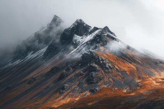 Majestic snowcovered mountain peak in misty clouds on a winter day for travel and nature concept