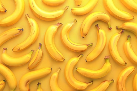 Yellow background with fresh bananas, minimalistic fruit composition for healthy lifestyle and nutrition concept, top view image