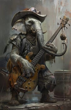 An elephant with a guitar in front of a painting of an elephant playing a guitar in an artistic setting