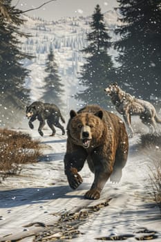 Bears running in snowy forest with wolf in foreground as wildlife travel adventure scene