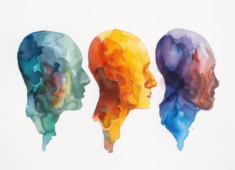 Watercolor paintings of diverse heads in various colors on white background, artistic beauty and diversity theme