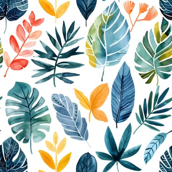 A creative arts design featuring a seamless pattern of watercolor tropical leaves in shades of green and azure on a white background, perfect for dishware or textile applications