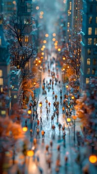 A crowd of people walk down the city street at night, the glow of street lights reflecting off the glass buildings creating a pattern of orange tints and shades reminiscent of a liquid art piece