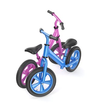 Blue and pink balance bikes on a white background