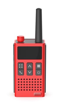 Red modern handheld transceiver on white background, front view