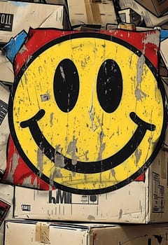 A yellow emoticon with a smiley face is perched on a stack of cardboard boxes, creating a whimsical scene reminiscent of an art piece with contrasting textures