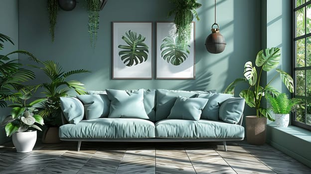 Luxury living room wall mockup with green sofa and decor on dark green background.