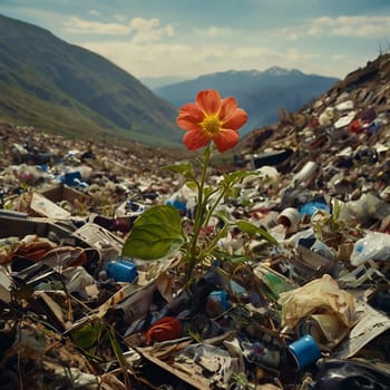 Ecological concept. Ecology problems of the planet Earth. High quality photo. Pink flower among mountains of garbage