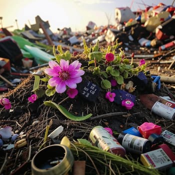 Ecological concept. Ecology problems of the planet Earth. High quality photo. Pink flower among mountains of garbage