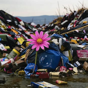 Ecological concept. Ecology problems of the planet Earth. High quality photo. Pink flower among mountains of garbage