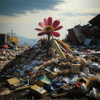 Ecological concept. Ecology problems of the planet Earth. High quality photo. Pink flower among mountains of garbage