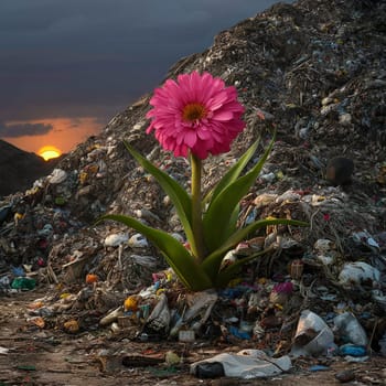 Ecological concept. Ecology problems of the planet Earth. High quality photo. Pink flower among mountains of garbage