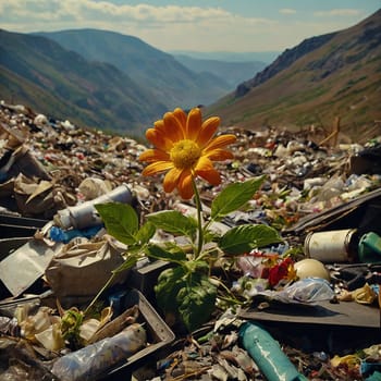 Orange flower among mountains of garbage. High quality photo
