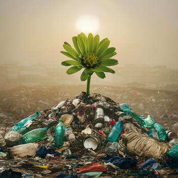 Green flower among mountains of garbage on the sunseat