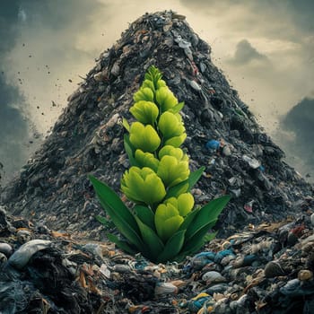 Green flowers among mountains of garbage. High quality photo