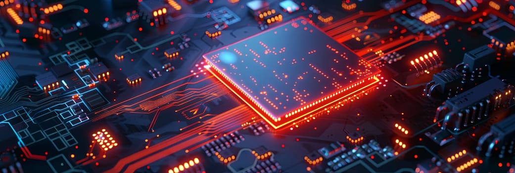 Close-up of a modern microprocessor on a motherboard, surrounded by data streams and glowing light, symbolizing the power of AI.