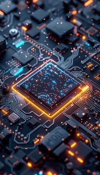 A close-up shot of a modern microprocessor, glowing brightly, surrounded by digital data streams and circuit boards. The image symbolizes the incredible power of AI processing.