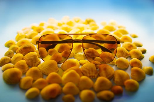 Sunglasses lie on seashells. High quality photo