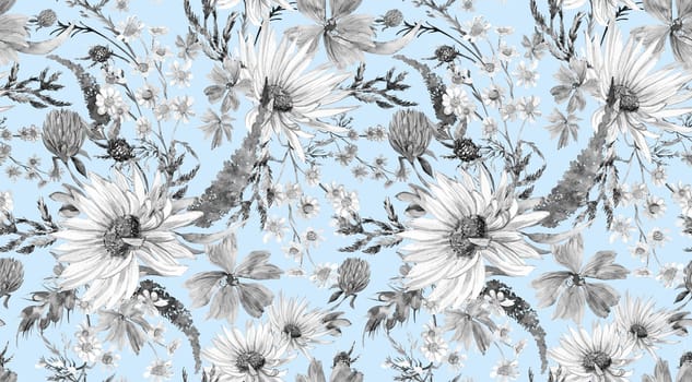 Seamless monochrome watercolor pattern with daisies and wildflowers drawn in watercolor