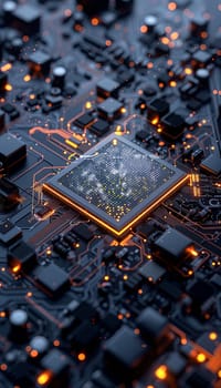 Close-up image of a modern microprocessor or chip on a motherboard, surrounded by intricate digital data streams and glowing light effects, symbolizing the processing power of AI.
