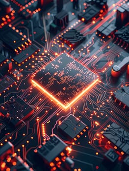 Close-up of a glowing microprocessor on a circuit board, symbolizing the processing power of artificial intelligence.