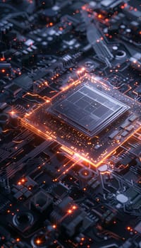 A close-up of an ultra-modern microprocessor on a motherboard, surrounded by glowing data streams, illustrating the powerful processing capabilities of artificial intelligence.