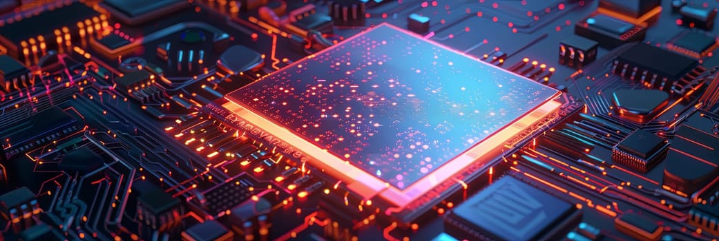 A close-up image of a modern microprocessor, a glowing chip on a motherboard, surrounded by intricate digital data streams.