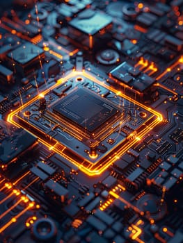 A close-up image of a powerful microprocessor surrounded by glowing digital data streams on a motherboard.