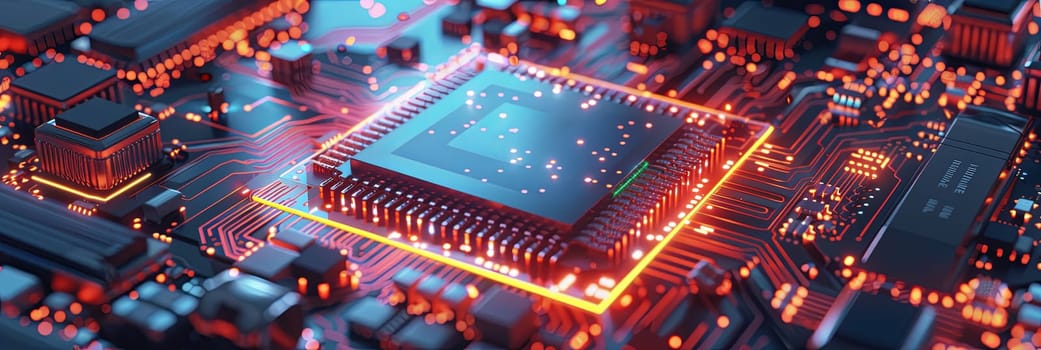 An ultra-modern microprocessor is seen on a motherboard, surrounded by intricate digital data streams and glowing light effects, symbolizing the processing power of AI.