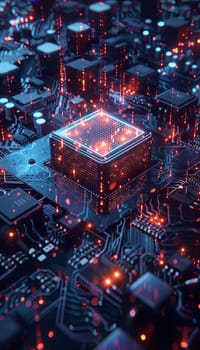 A close-up of a modern microprocessor, surrounded by intricate digital data streams and glowing light effects, symbolizing the processing power of AI.