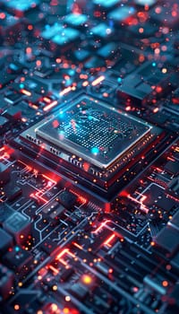 A close-up view of a modern microprocessor on a motherboard, surrounded by intricate digital data streams and glowing light effects, symbolizing the processing power of AI.