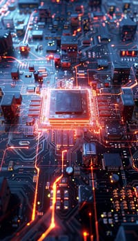 A close-up view of a modern microprocessor, surrounded by intricate digital data streams and glowing light effects, symbolizing the power of AI processing.