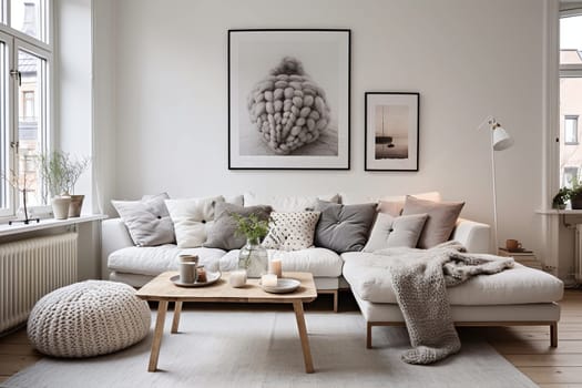 A sleek living room adorned with a comfortable, plush sofa adorned with cushions, a wooden coffee table with cups, and understated wall art, exuding modern warmth and simplicity - Generative AI