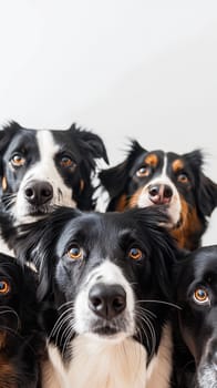 A close-up view capturing the expressive faces of multiple Border Collies, their eyes conveying attentiveness and curiosity - Generative AI