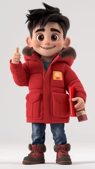 An animated boy with a cheerful expression stands holding a book, giving a thumbs-up gesture in a cozy red jacket and brown boots - Generative AI